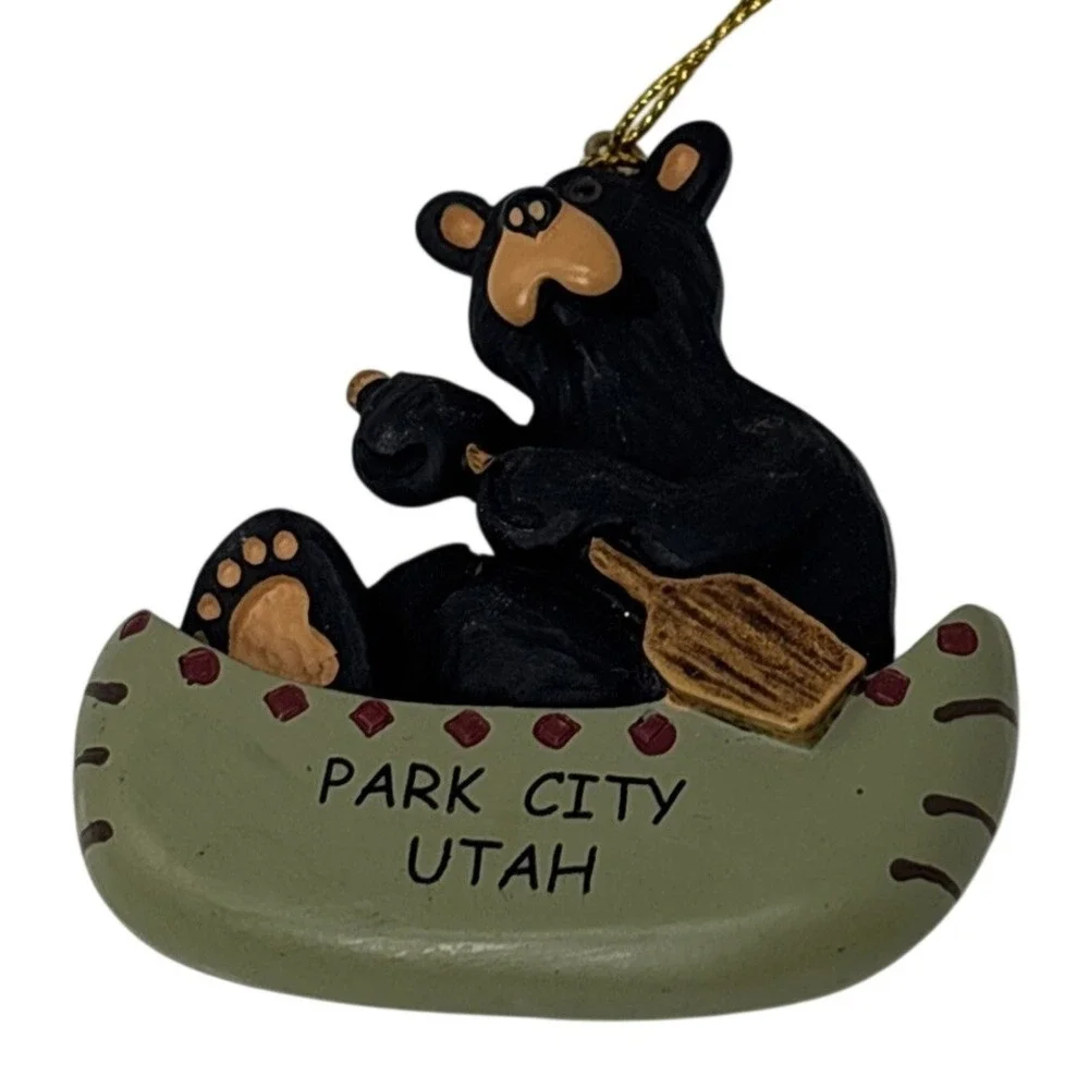Park City Utah Black Bear in‎ Canoe Souvenir Christmas Ornament Resin MF Logo
